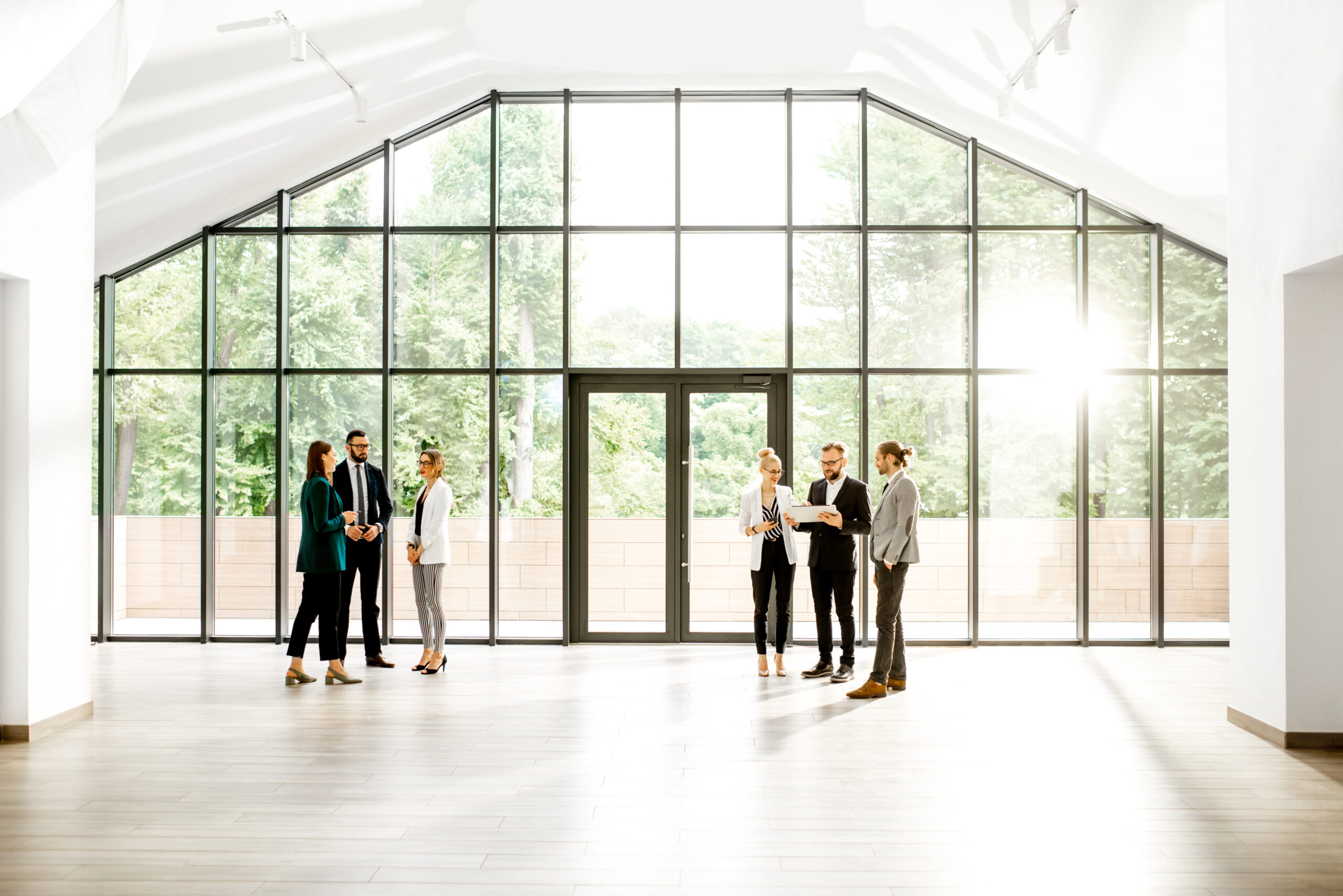 Business people at the spacious modern hall with big window overlooking on the park. Wide view with copy space