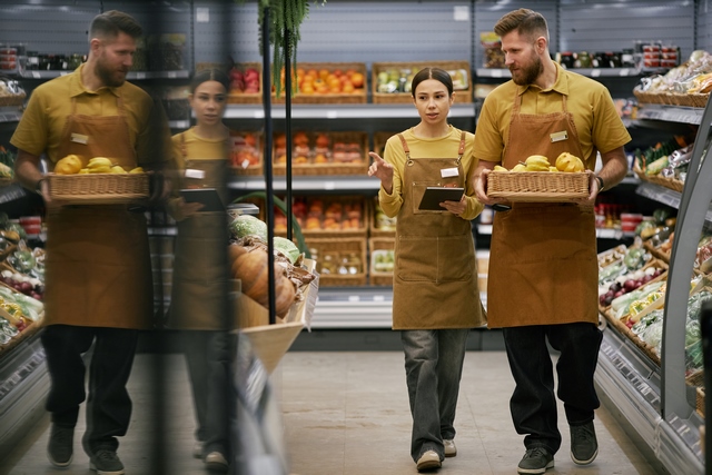 Two grocery store workers are carrying a basket and clipboard while discussing inventory in aisles filled with various fresh produce and goods